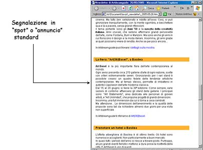 Esempio di "spot", o "annuncio" standard, nella Newsletter di Artdreamguide