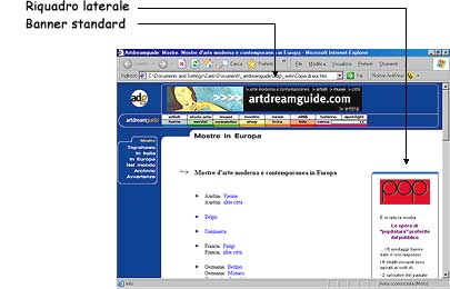 Esempio di pagina con inserzioni pubblicitarie varie, tipo "banner standard" e "riquadro laterale"