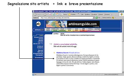 Esempio di pagina con segnalazione sito personale di artista + link e breve testo presentazione