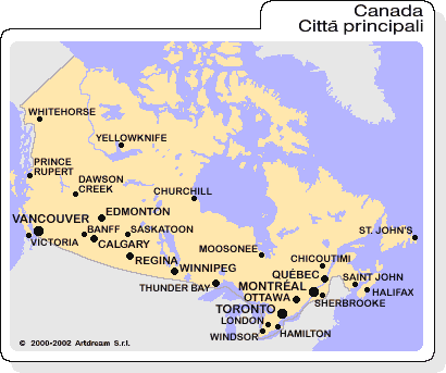 Carta geografica delle città del Canada