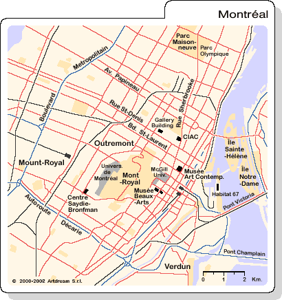 Mappa di Montreal (Pianta di Montreal): centro di Montreal, con le zone, le strade principali e i musei d'arte moderna e contemporanea