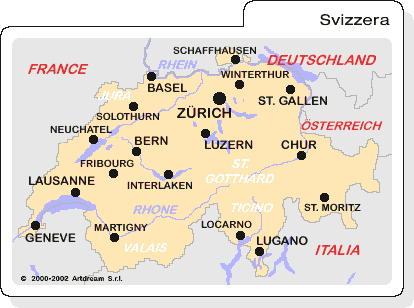 Carta geografica della Svizzera, con le regioni e le città principali