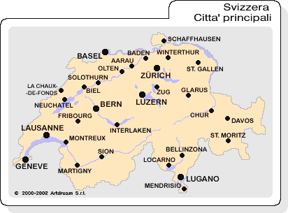 Carta geografica delle città della Svizzera.