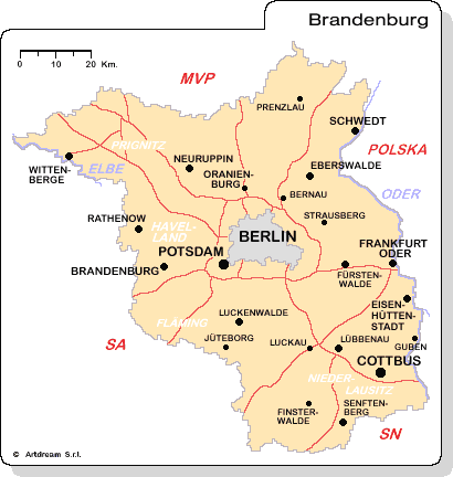 Carta geografica del Land Brandenburg (Brandeburgo).