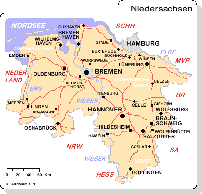 Carta geografica del Land Niedersachsen (Bassa Sassonia).