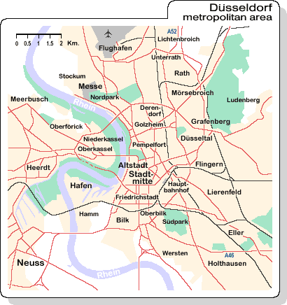 Mappa di Dusseldorf/Düsseldorf (Pianta di Dusseldorf/Düsseldorf), con le zone, le strade e i musei principali