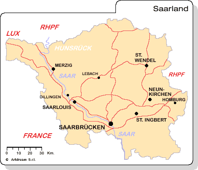 Carta geografica del Saarland (Land Saar).