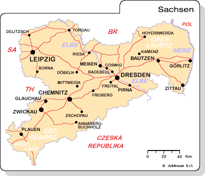 Carta geografica del Land Sachsen (Sassonia).