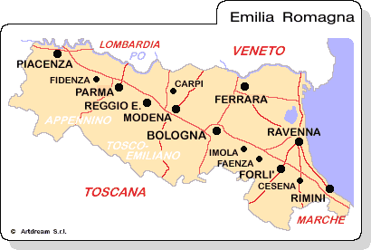 Carta geografica dell'Emilia Romagna.