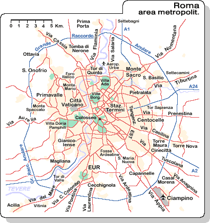 Mappa di Roma (Pianta di Roma): area metropolitana di Roma, con il Grande Raccordo Anulare, i sobborghi e le strade principali.