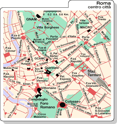 Mappa di Roma (Pianta di Roma): area compresa tra Piazza del Popolo, Villa Borghese, Stazione Termini e il Campidoglio.