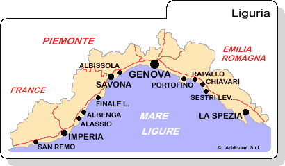 Carta geografica della Liguria.