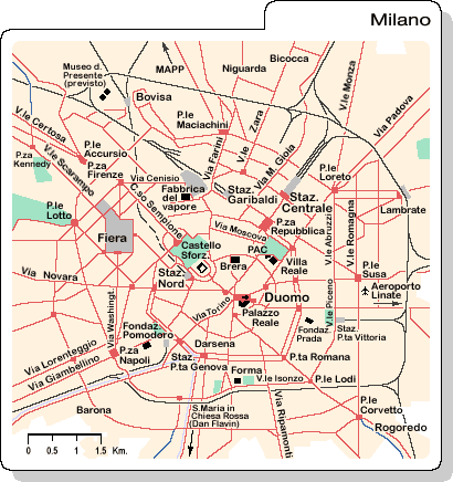 Mappa di Milano (Pianta di Milano), con le zone, le strade principali e i musei periferici