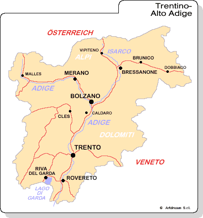 Carta geografica del Trentino-Alto Adige.