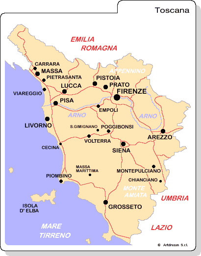 Carta geografica della Toscana.