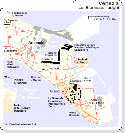 Mappa di Venezia (Pianta di Venezia): luoghi della Biennale di Venezia, Esposizione internazionale d'Arte