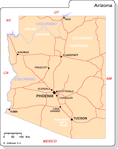 Carta geografica dell'Arizona.