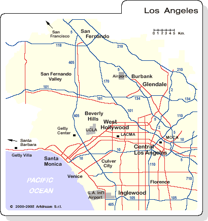 Mappa di Los Angeles (Pianta di Los Angeles), con le zone, le strade principali e i musei d'arte moderna e contemporanea periferici