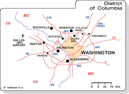 Carta geografica dello stato di Washington District Columbia con le strade principali.