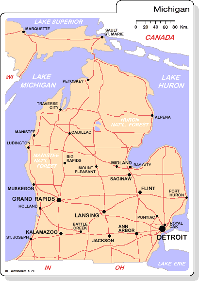 Carta geografica del Michigan.