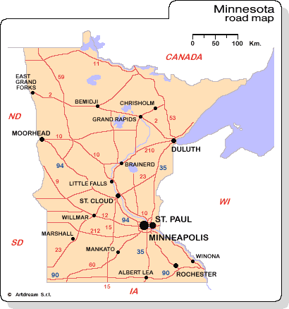 Carta geografica dello stato del Minnesota con le strade principali.