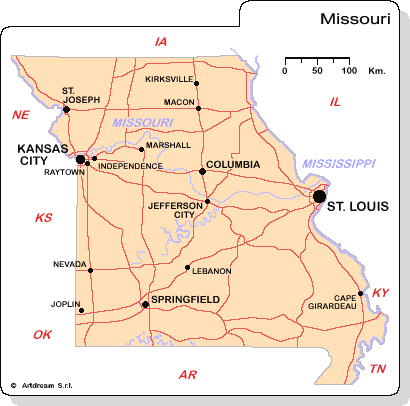 Carta geografica del Missouri.