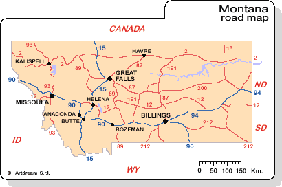 Carta geografica dello stato del Montana con le strade principali.