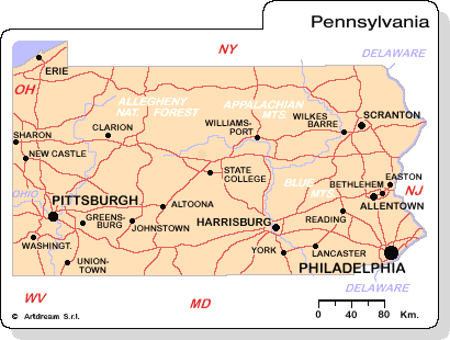 Carta geografica della Pennsylvania.