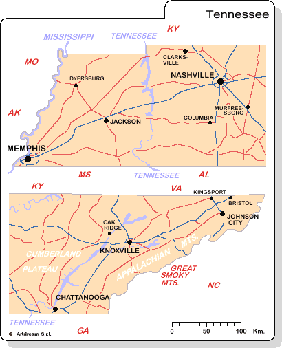 Carta geografica del Tennessee.