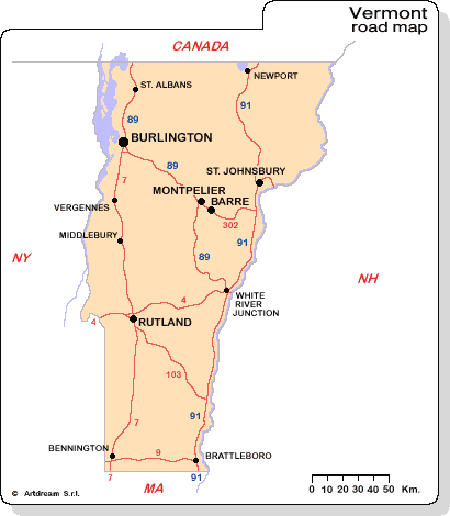 Carta geografica dello stato del Vermont con le strade principali.