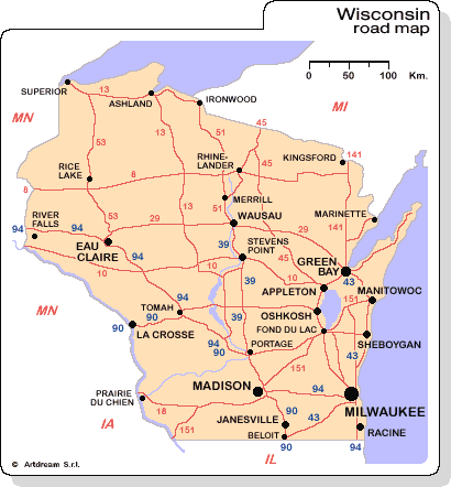 Carta geografica dello stato del Wisconsin con le strade principali.