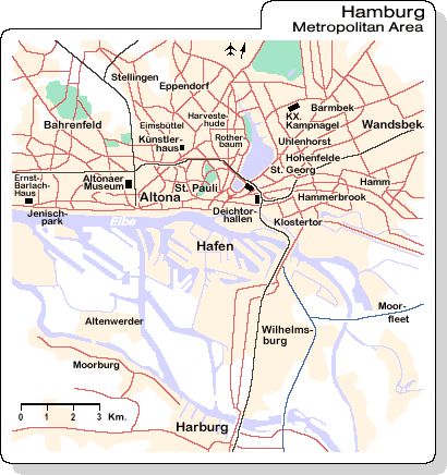 Mappa di Amburgo/Hamburg (Pianta di Amburgo/Hamburg), con le zone, le strade e i musei principali