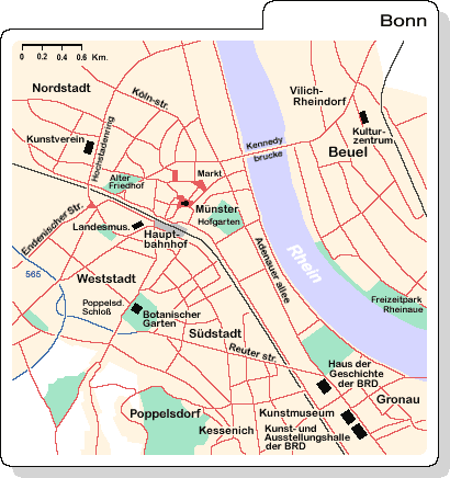 Mappa di Bonn (Pianta di Bonn), con le zone, le strade e i musei principali