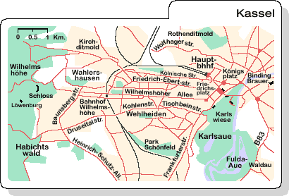 Mappa di Kassel (Pianta di Kassel), con le zone, le strade e i musei principali