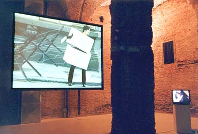 Interno di Salara a Bologna, con la videoinstallazione "Polypolis" di Liuba (2001)