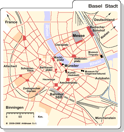 Mappa di Basilea/Basel (Pianta di Basilea/Basel), con le zone e le strade principali