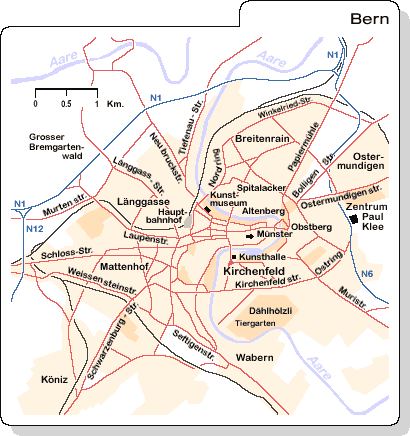 Mappa di Berna/Bern (Pianta di Berna/Bern), con le zone, le strade e i musei d'arte moderna e contemporanea principali.