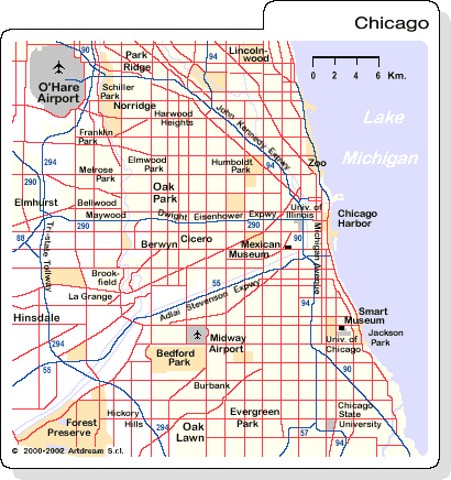 Mappa di Chicago (Pianta di Chicago), con le strade principali e i musei d'arte moderna e contemporanea più periferici